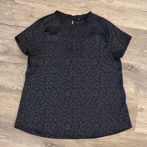 Black Animal Print Patterned Blouse with Ruffle Neck